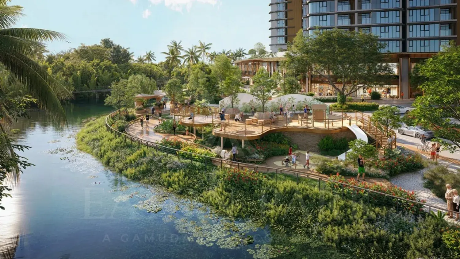The riverside boardwalk. The walkway along the canal, with play decks set into the planting.