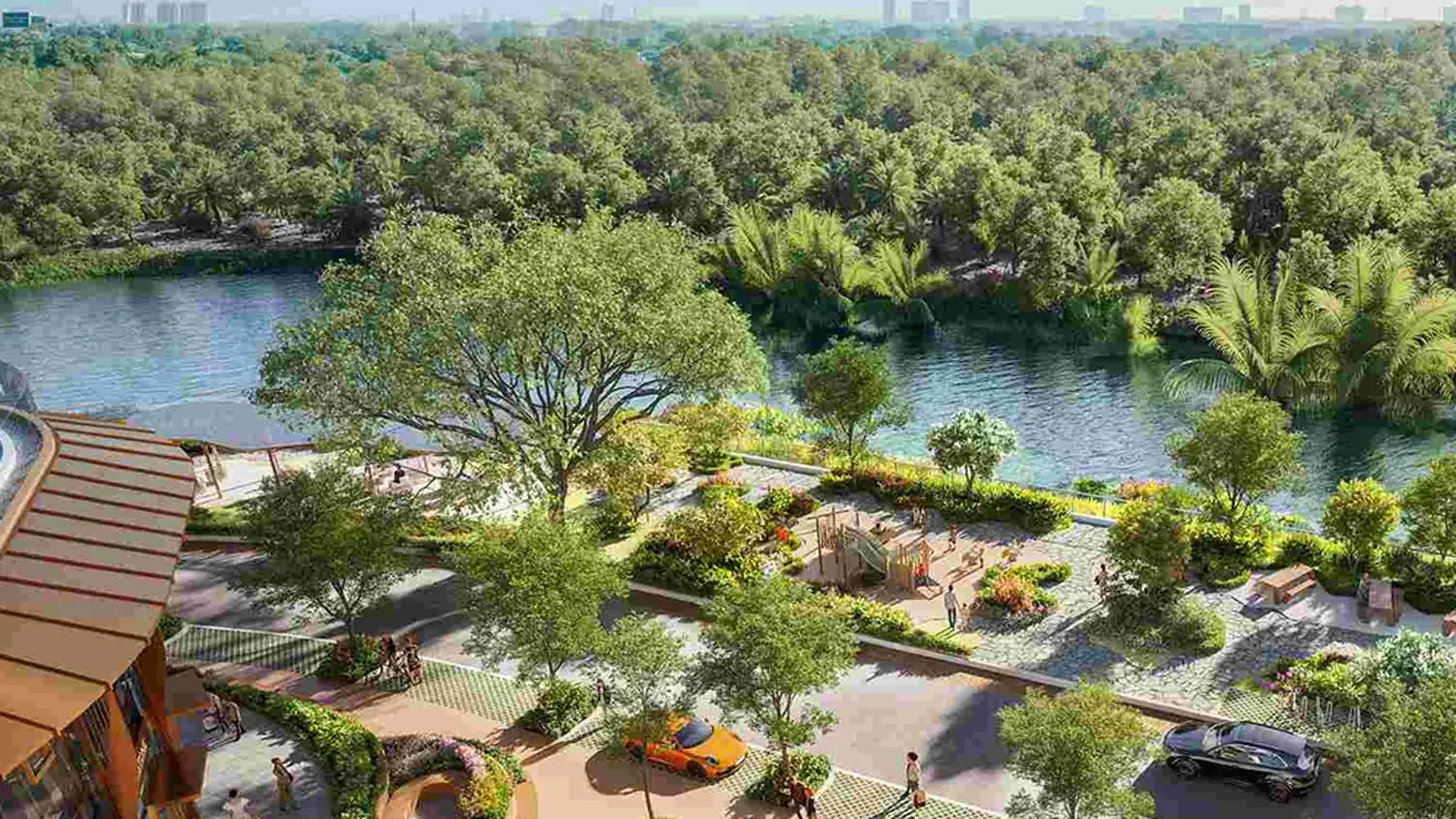 Looking down from a residence. The ground floor as residents see it: park, water and the mangrove beyond.