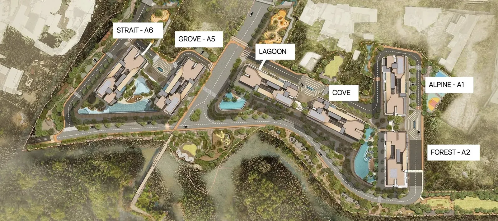 Eaton Park master plan seen from above, with the six towers labelled: Strait A6 and Grove A5 to the west, Lagoon and Cove through the centre, and Alpine A1 and Forest A2 to the east, set around the landscaped spine and the canal edge.