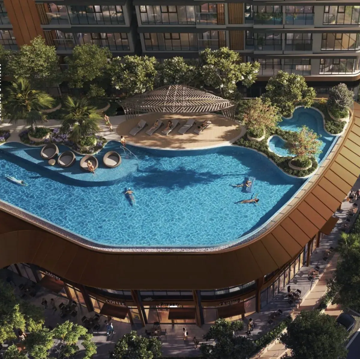 Aerial view of the podium pool at Eaton Park, with cabanas, sun terrace and the retail colonnade beneath.