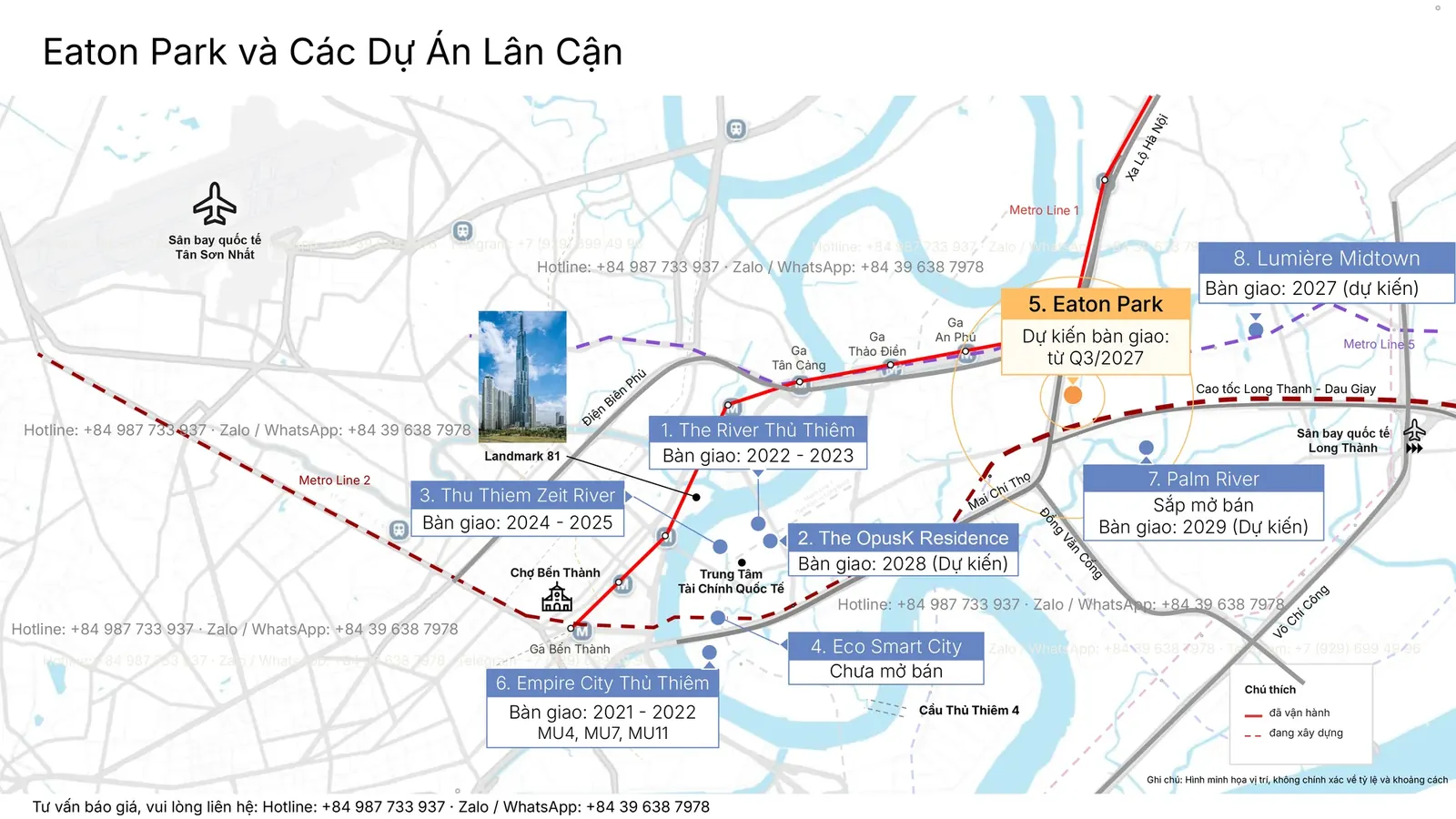 Bản đồ minh họa vị trí Eaton Park và các dự án lân cận tại khu Đông Thành phố Hồ Chí Minh, kèm mốc bàn giao của từng dự án.