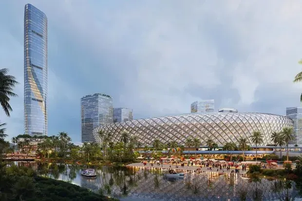 Artist's impression of the Rach Chiec Sports Centre, a domed arena beside a lake with towers behind. The complex is planned and not yet built.