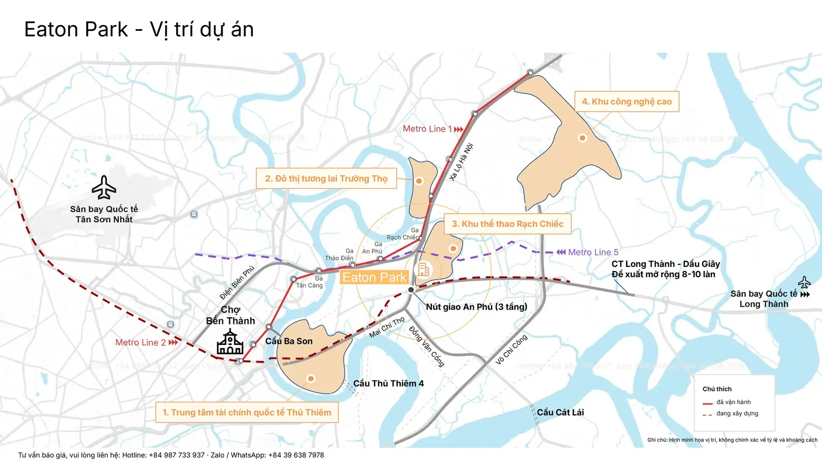 Bản đồ vị trí: Eaton Park trên đại lộ Mai Chí Thọ, cùng nút giao An Phú, Metro số 1, số 2 và số 5, Trung tâm Tài chính Quốc tế Thủ Thiêm, đô thị tương lai Trường Thọ, Trung tâm Thể thao Rạch Chiếc, Khu công nghệ cao, chợ Bến Thành, cầu Ba Son, cầu Thủ Thiêm 4, cầu Cát Lái, cao tốc Long Thành – Dầu Giây và hai sân bay quốc tế Tân Sơn Nhất, Long Thành.