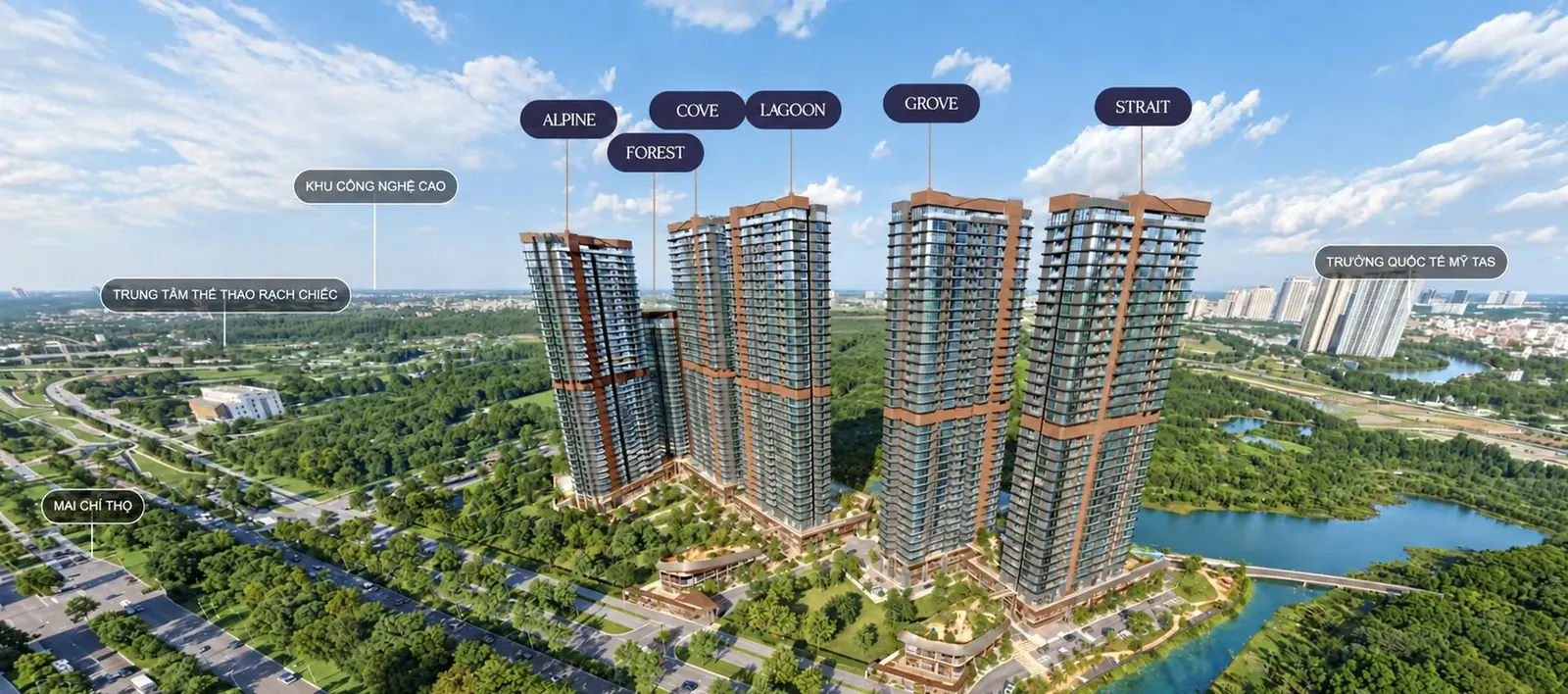 Aerial view from the north: the Alpine and Forest towers in the foreground with Grove and Strait behind, Mai Chi Tho Boulevard to the left, the Hi-Tech Park and Rach Chiec Sports Centre on the horizon, and the canal to the right.