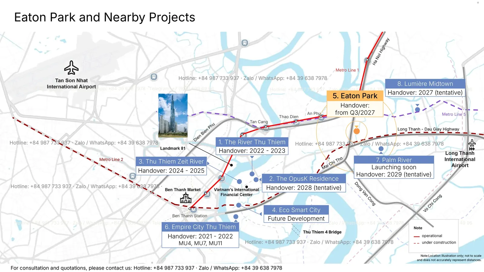 Map showing the location of Eaton Park and nearby projects in the eastern corridor of Ho Chi Minh City, with each project's handover date.
