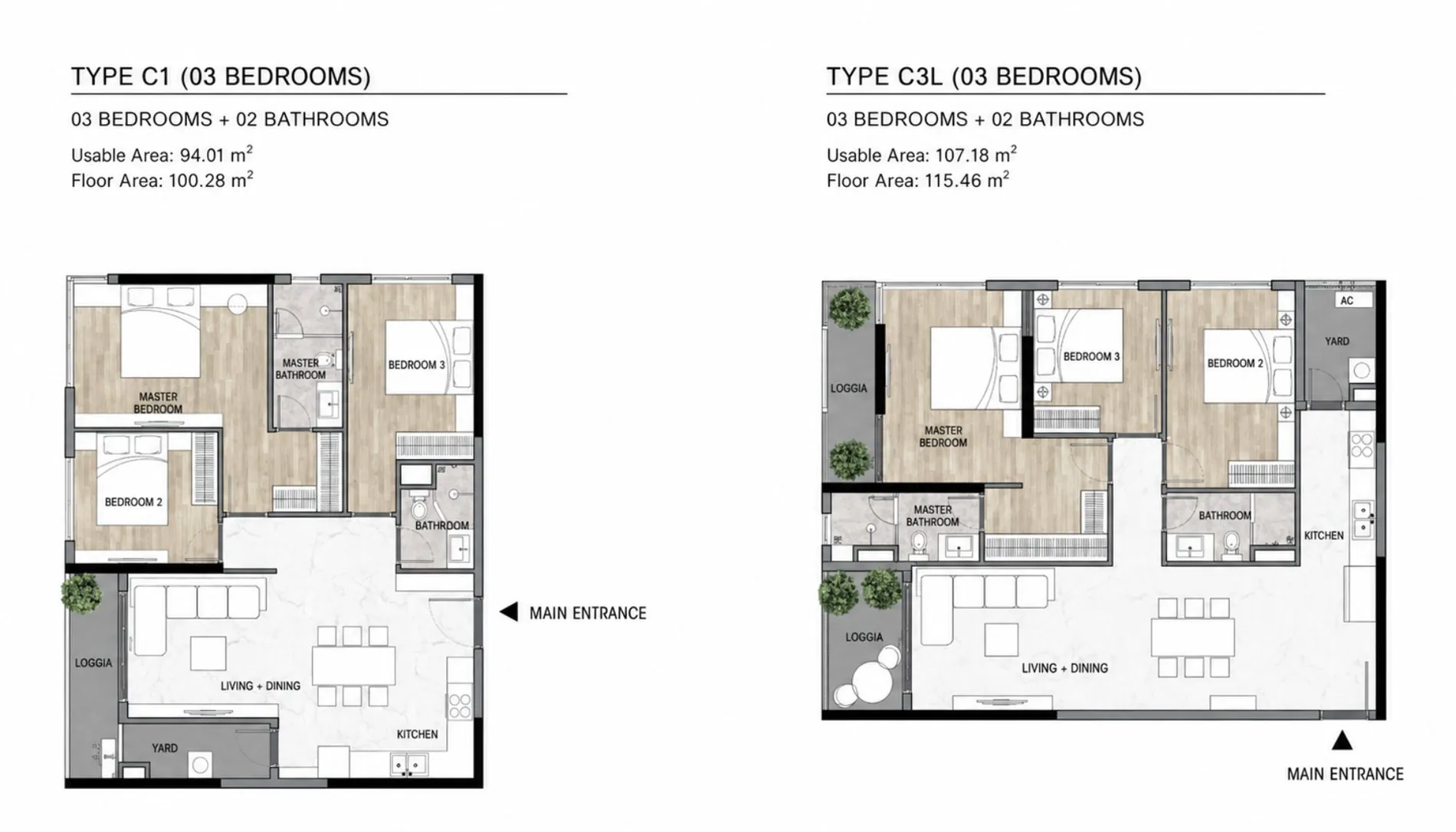 Elysian three-bedroom floor plans: type C1 94.01 sq.m usable and 100.28 sq.m floor area, type C3L 107.18 and 115.46 sq.m, each with master bedroom and master bathroom, two further bedrooms, second bathroom, kitchen, living and dining area, loggia and yard