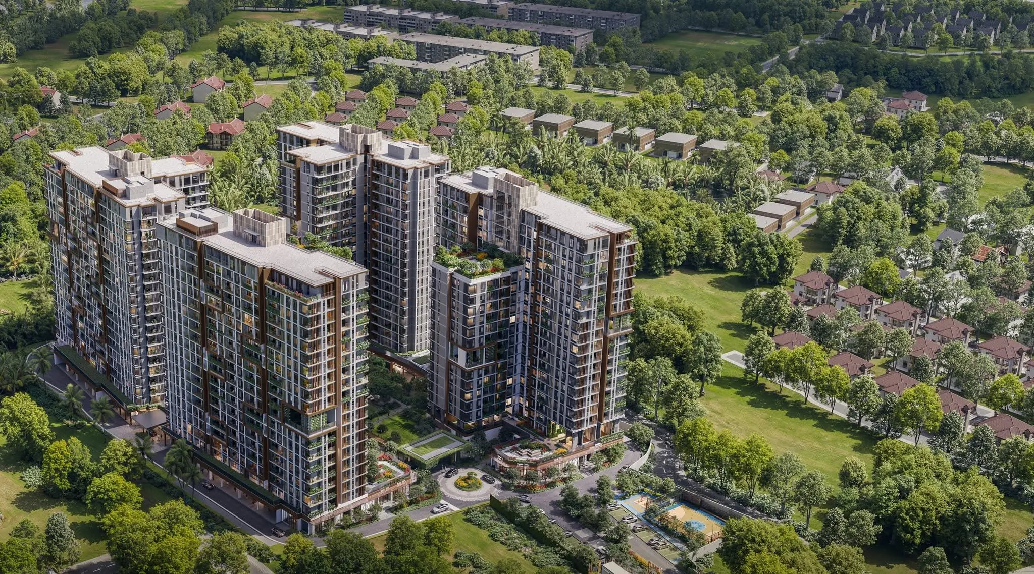 Aerial view of the four Elysian towers above the landscaped podium, with the sports court and the surrounding low-rise neighbourhood alongside