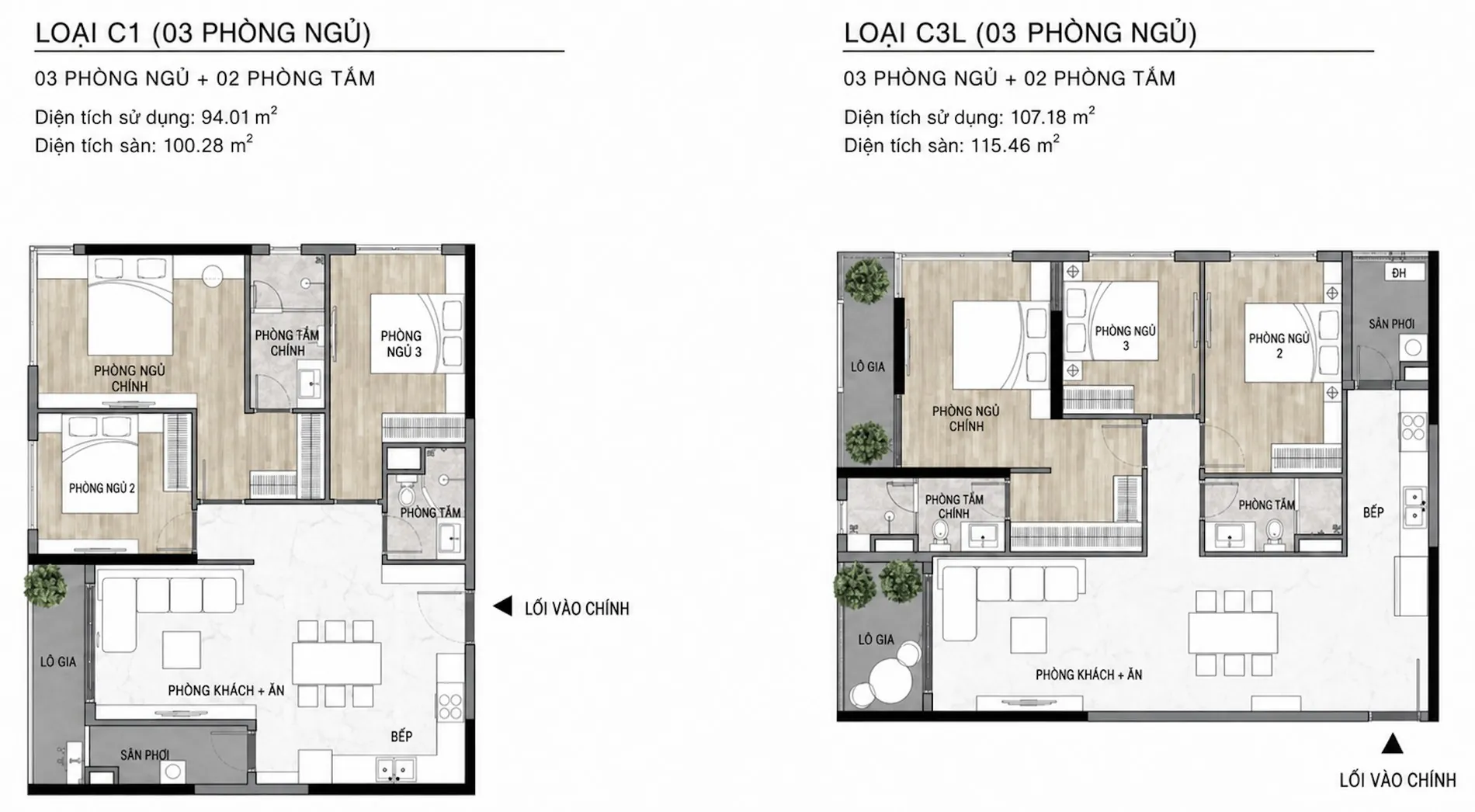 Mặt bằng căn hộ 3 phòng ngủ tại Elysian: loại C1 94,01 m² thông thủy và 100,28 m² tim tường, loại C3L 107,18 và 115,46 m², mỗi căn có phòng ngủ chính kèm phòng tắm riêng, hai phòng ngủ còn lại, phòng tắm thứ hai, bếp, khu khách &ndash; bếp, logia và sân phụ