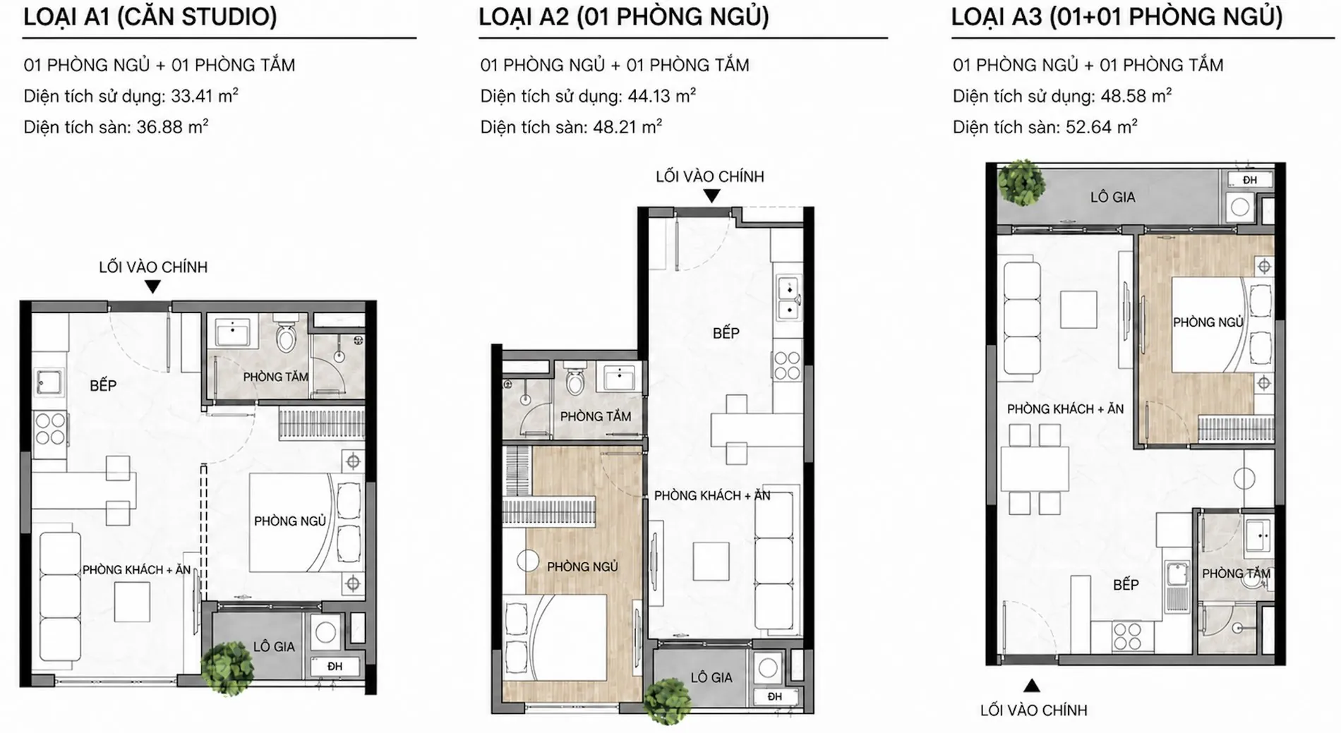 Mặt bằng căn hộ 1 phòng ngủ tại Elysian: loại A1 studio 33,41 m² thông thủy và 36,88 m² tim tường, loại A2 một phòng ngủ 44,13 và 48,21 m², loại A3 một phòng ngủ + 1 rộng 48,58 và 52,64 m², mỗi căn có một phòng tắm, bếp, khu khách &ndash; bếp và logia