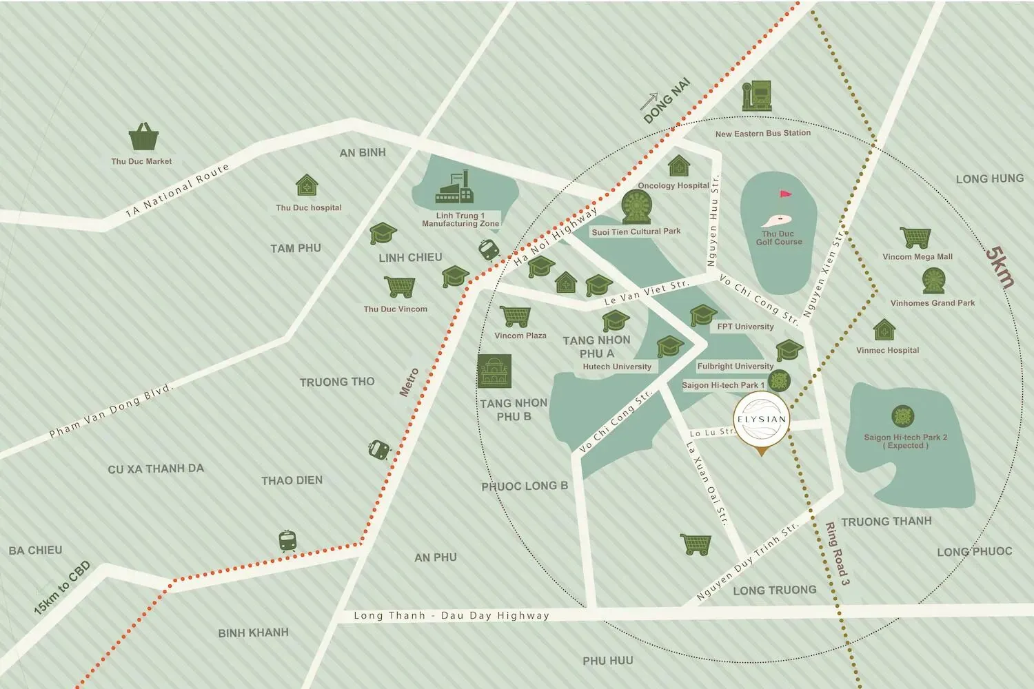 Illustrated location map of eastern Ho Chi Minh City showing Elysian on Lo Lu Street beside Saigon Hi-Tech Park, with Metro Line 1, Hanoi Highway, Ring Road 3, the Long Thanh expressway, universities, hospitals, malls and Vinhomes Grand Park