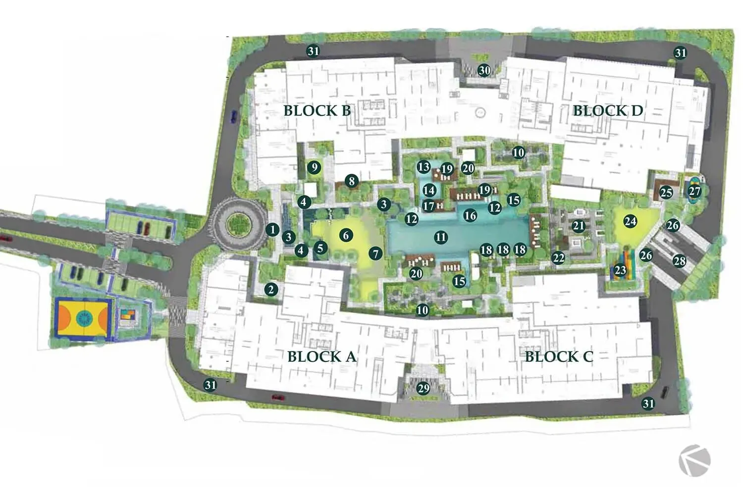 Elysian master plan: Blocks A, B, C and D enclosing the 50-metre pool, jacuzzi, children&rsquo;s pools, urban farm, playgrounds, kindergarten, basketball court and landscaped gardens