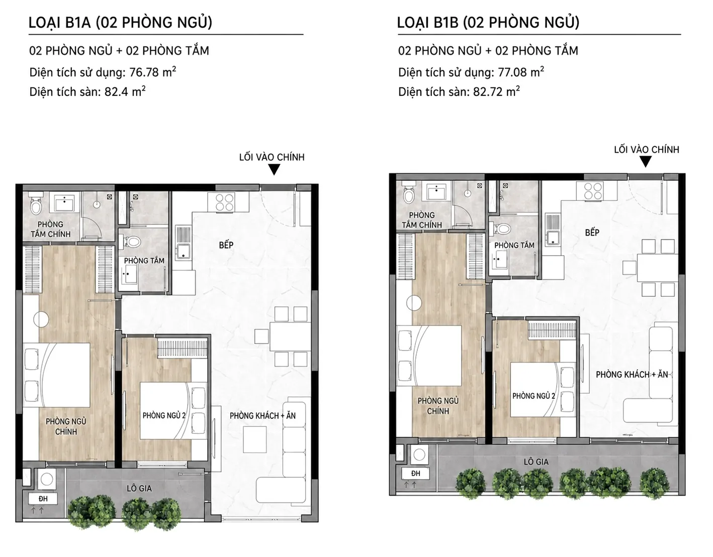 Mặt bằng căn hộ 2 phòng ngủ tại Elysian: loại B1A 76,78 m² thông thủy và 82,4 m² tim tường, loại B1B 77,08 và 82,72 m², mỗi căn có phòng ngủ chính kèm phòng tắm riêng, phòng ngủ thứ hai, phòng tắm thứ hai, bếp, khu khách &ndash; bếp và logia